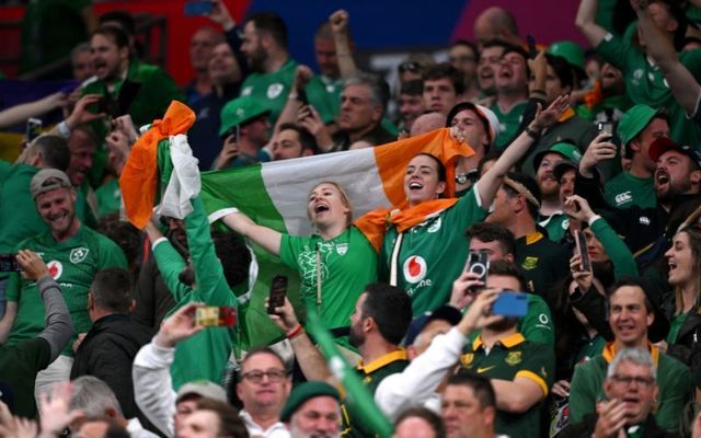 September 23, 2023: Ireland fans celebrate during the Rugby World Cup France 2023 match between South Africa and Ireland at Stade de France in Paris, France.