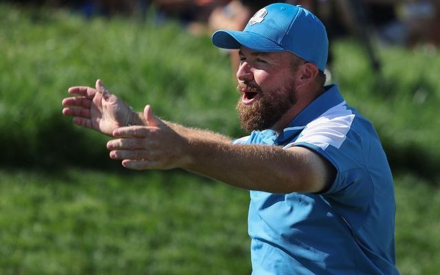  Shane Lowry of Team Europe celebrates on the 17th green during the Friday morning foursomes matches of the 2023 Ryder Cup at Marco Simone Golf Club on September 29, 2023 in Rome, Italy.