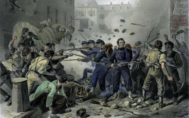 Massachusetts Militia Passing Through Baltimore (Baltimore Riot of 1861) engraving of F.F. Walker (1861)