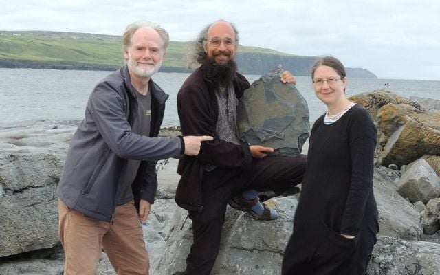 Dr. Eamon Doyle (left), Dr. Joseph Botting (center) and Dr. Lucy Muir (right) with the new fossil sponges discovered near the Cliffs of Moher in County Clare.