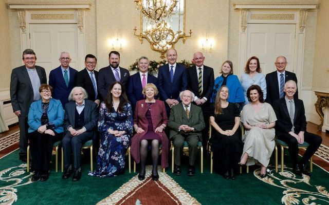 January 16, 2024: 2023 Distinguished Service Award recipients with President Higgins, his wife Sabina, Tanaiste Micheal Martin, and Minister Sean Fleming.