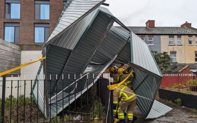 Dublin Fire Brigade crew as they inspect the damage on Kevin Street due to the aftermath of Storm Isha.