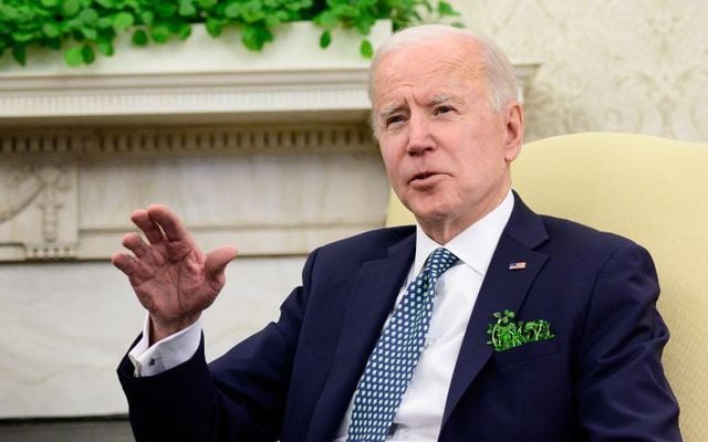 March 17, 2021: US President Joe Biden speaks during a virtual meeting with Taoiseach Micheal Martin in the Oval Office of the White House in Washington, DC on St. Patrick\'s Day.