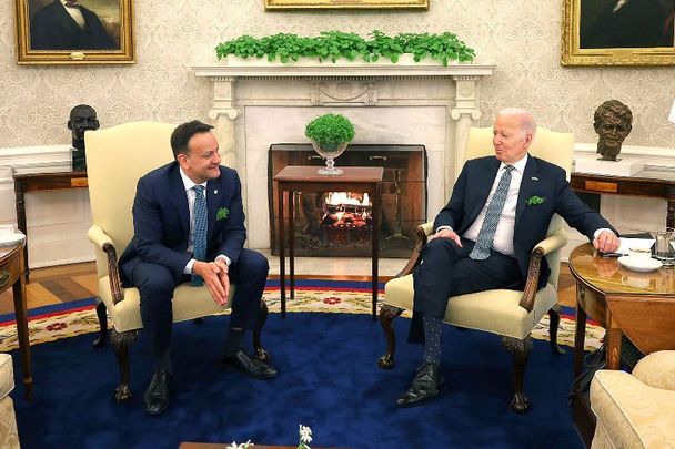 March 17, 2023: Taoiseach Leo Varadkar with US President Joe Biden in the Oval Office on St. Patrick\'s Day.