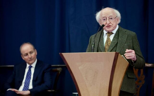 Micheál Martin and President of Ireland Michael D. Higgins at the ceremony for the 2023 Presidential Distinguished Service Awards for the Irish Abroad.