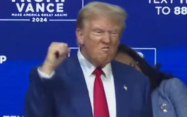 October 14, 2023: Former US President Donald Trump on stage in Oaks, Pennsylvania as Sinéad O\'Connor\'s \"Nothing Compares 2 U\" plays.
