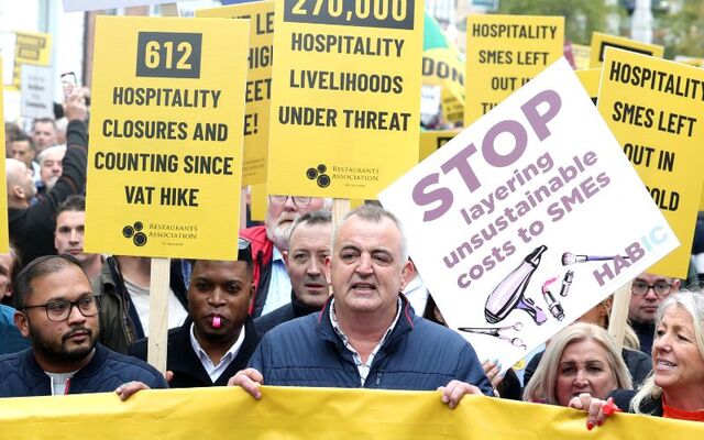 October 15, 2024: Workers, staff, and business owners from the hospitality, tourism, retail, and other sectors protest as they march towards the Dáil in Dublin to highlight the issues and cost base facing the sector.