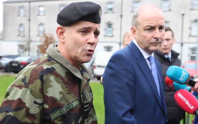 October 31, 2024: Tánaiste and Minister for Defence Micheál Martin TD (right), accompanied by the Chief of Staff Lieutenant Seán Clancy in Custume Barracks, Athlone, where the Tanaiste is due to review the 125th Infantry Battalion which will commence operations in Lebanon.