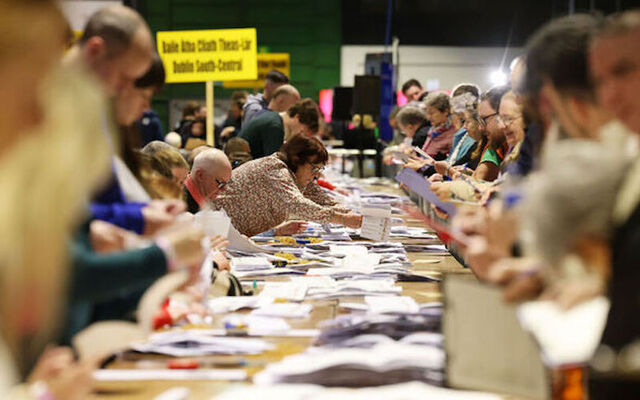 Dublin Ireland. Tallymen observe as count staff organize the votes to be counted at the RDS Count Centre as the results of the general election start to be counted on November 30, 2024.