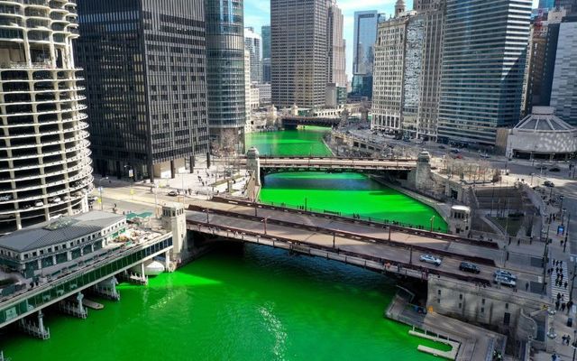 The Chicago River is traditionally dyed green on St. Patrick\'s Day.