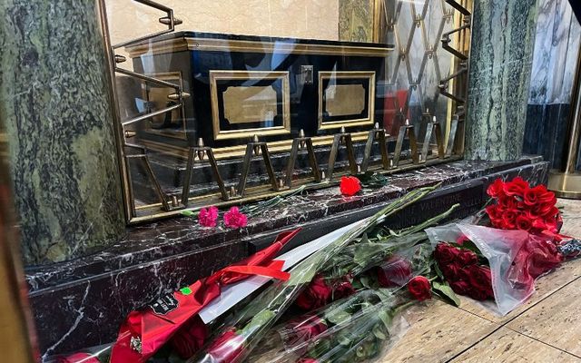February 14, 2023: Roses left at the Shrine of Saint Valentine in Whitefriar Street Church in Dublin.