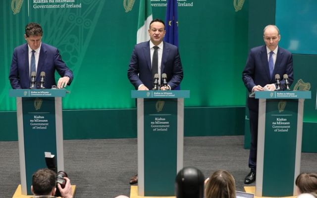 February 20, 2024: Minister Eamon Ryan, Taoiseach Leo Varadkar, and Tánaiste Micheál Martin outline new Government funding commitments for Shared Island investment priorities in Government Buildings.