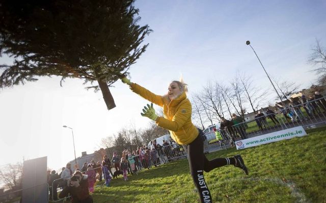 January 2018: Kamila Grabska , who won the ladies section, taking part in the seventh annual Christmas Tree throwing Championships in Ennis, Co Clare.
