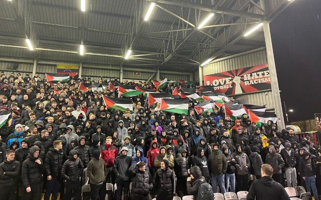 Dalymount Park in Dublin with Bohemians fans holding Palestine flags.