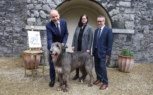 Tánaiste, Minister for Foreign Affairs and Minister for Defence, Micheál Martin TD with Denise Nestor (Illustrator), Wil Byrne (Secure Document Designer at AG2), and Irish wolfhound Boánn.