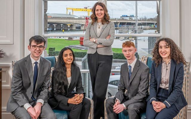 Eoin Millar, Ulster University, Disha Suresh, Queen’s University, Belfast, Nicola Skelly, Executive Director, Washington Ireland Program, Daithí O’Toole, Ballyfermot College of Further Education, and Sarah Selfati Harte, Trinity College Dublin, at the launch of the Washington Ireland Program Class of 2024.