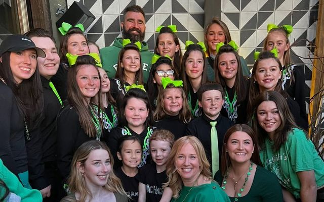 Jason Kelce and Kylie Kelce with dancers and staff from the McHugh School of Irish Dance in Pennsylvania.