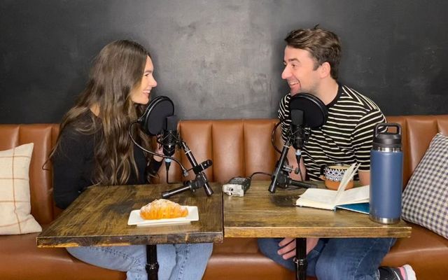 Mary Kate Boylan and Alan O\'Mara recording an episode of their \"Real Talks\" podcast.