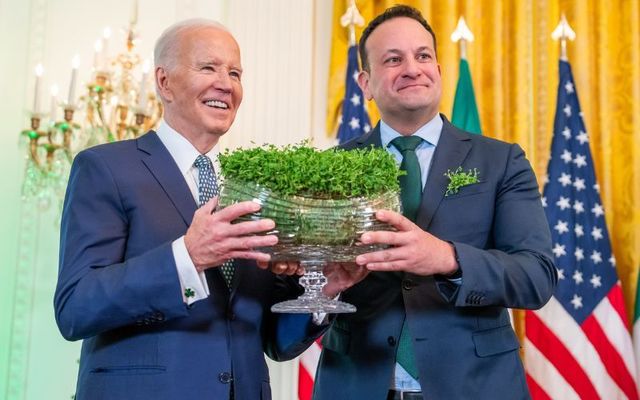 March 17, 2024: Taoiseach Leo Varadkar presents a shamrock bowl to President Joe Biden at a St. Patrick’s Day reception in the East Room of the White House. 