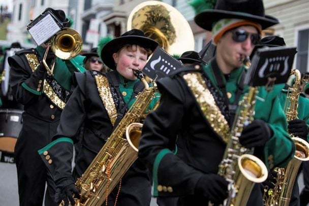 March 20, 2016: Members of a marching band during the annual South Boston St. Patrick\'s Parade in Boston, Massachusetts. 