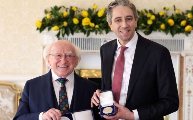 April 9, 2024: Newly elected Taoiseach and Fine Gael leader Simon Harris is congratulated by President Michael D Higgins at Aras an Uachtarain as he gets his seal of office. 