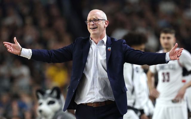 April 8, 2024: Head coach Dan Hurley of the University of Connecticut Huskies reacts in the first half against the Purdue Boilermakers during the NCAA Men\'s Basketball Tournament National Championship game at State Farm Stadium in Glendale, Arizona. 