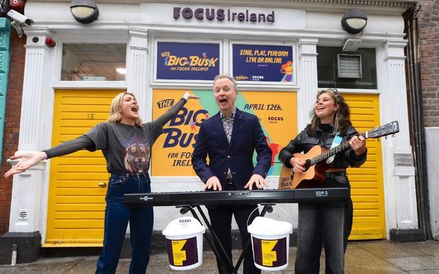 Today FM presenters Matt Cooper and Louise Cantillon with busker Saibh Skelly getting in tune for The Big Busk for Focus Ireland supported by TodayFM on April 12. 