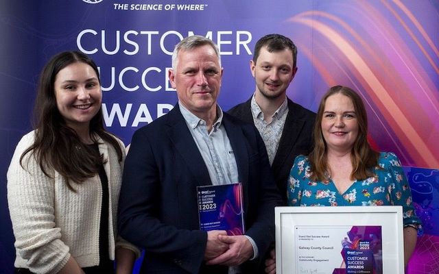 Pictured receiving the ‘Community Engagement’ award at Esri Ireland’s ‘Customer Success Awards’ (Left to right) Mackenzie Boland (GIS Analyst), Barry Doyle (IS Project Leader), Anthonin Lize (GIS Analyst / Developer), Bridin Feeney (GIS Technician) of Galway County Council.