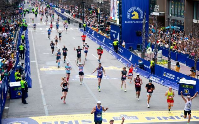 April 15, 2024: Runners at the finish line of the 128th Boston Marathon in Boston, Massachusetts. Neil Cusack, who won the Boston Marathon in 1974, served as an official race starter this year.