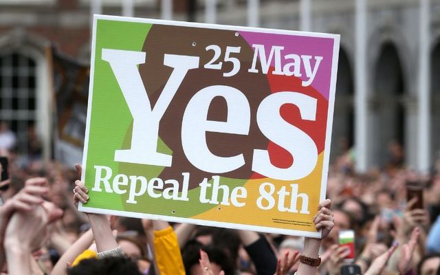 May 26, 2018: Yes campaigners at Dublin Castle with their posters after the \'yes\' vote won in the Irish referendum to repeal the 8th amendment.