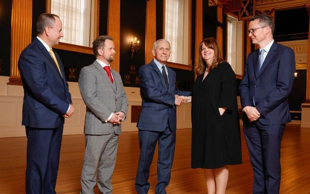 Fulbright Board Chair Professor Paul Donnelly, Fulbright Commission Ireland Executive Director Dr. Dara Fitzgerald, Fulbright Ireland Public Service Award 2024 awardee Dr. Anthony Fauci, Fulbright Board Chair Emerita Professor Diane Negra and Patrick O\'Donovan, Minister for Further and Higher Education, Research, Innovation and Science. 