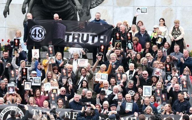 April 18, 2024: Supporters and family members of the 48 deceased gather in Dublin\'s Garden of Remembrance to celebrate the verdict.