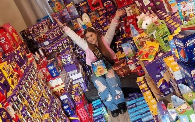 Jasmine Parker with just some of the Easter eggs and treats she organized to be donated to children in Northern Ireland\'s hospitals. 