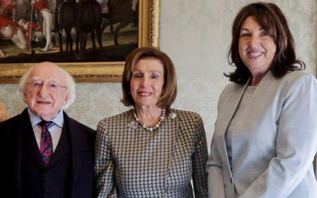 April 21, 2023: (L to R) President of Ireland Michael D. Higgins, Speaker Emerita Nancy Pelosi, and US Ambassador to Ireland Claire D. Cronin at Áras an Uachtaráin in Dublin.