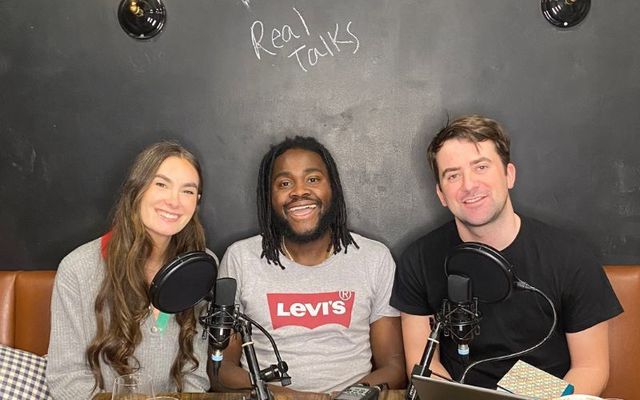 Emman Idama, center, with \"Real Talk\" hosts Mary Kate Boylan and Alan O\'Mara.