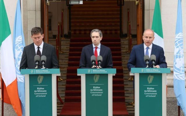May 22, 2024: Taoiseach Simon Harris, Tánaiste Micheál Martin, and Minister Eamon Ryan at government buildings in Dublin where they announced that Ireland will officially recognize the state of Palestine.
