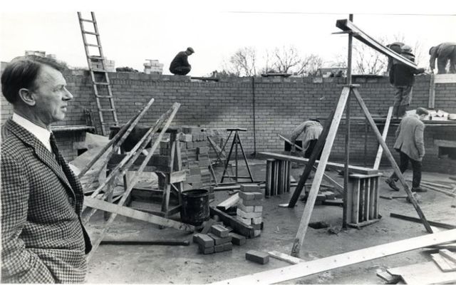 Director of the Armagh Observatory, Dr. Eric Lindsay (1907-1974), surveys the construction of the affiliated planetarium, which would open to the public in 1968.
