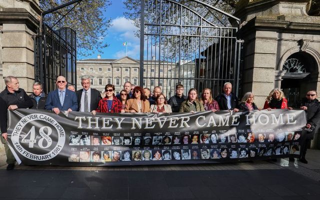 April 23, 2024: Stardust survivors and campaigners outside the Dail after Taoiseach Simon Harris delivered a formal State apology.