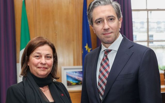 June 6, 2024: Taoiseach Simon Harris with Palestinian Ambassador Jilan Wahba Abdalmajid in Government buildings in Dublin.