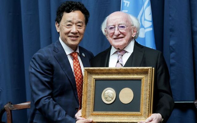 June 7, 2024: President of Ireland Michael D. Higgins receives the United Nations Agricola Medal from Dr. QU Dongyu, Director General of the FAO.