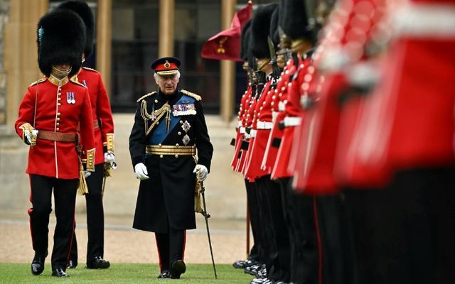 June 10, 2024: King Charles III reviews the Irish Guards during a ceremony where he presents New Colours to No 9 and No 12 Company The Irish Guards at Windsor Castle in Windsor, England.