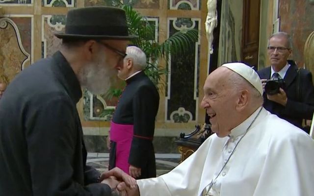 June 14, 2024: Irish comedian Tommy Tiernan shakes the hand of Pope Francis at a special gathering of comedians at The Vatican.