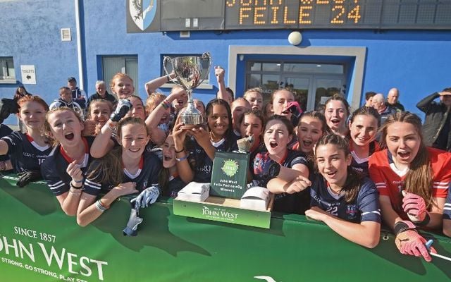 The victorious New York LGFA team at the John West Féile Peile na nÓg (Gaelic football and ladies football) National Division One Finals 2024 at the Connacht GAA Centre, Bekan, Co Mayo.  