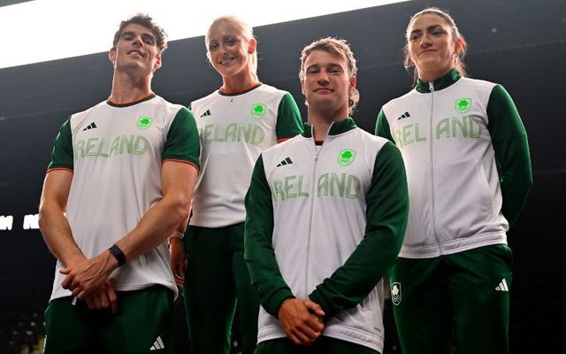 Ireland athlete delegation pose during the adidas Paris 2024 collection reveal at Adidas Arena on April 18, 2024.