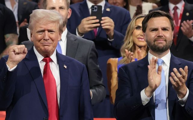 July 15, 2024: Republican presidential candidate, former U.S. President Donald Trump (L) and Republican vice presidential candidate, US Senator JD Vance (R-OH), appear on the first day of the Republican National Convention at the Fiserv Forum in Milwaukee, Wisconsin. 