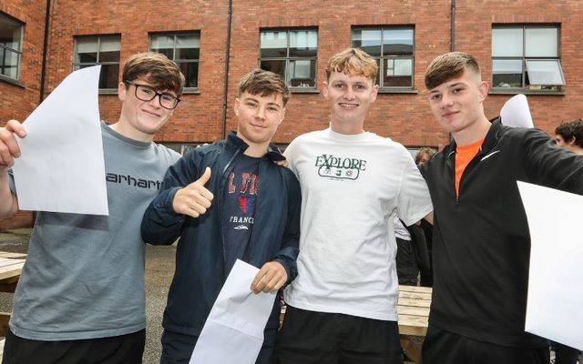 August 23, 2024: Rian Morgan, Joshua Gordon, Liam Gilhooly, and Scott Salmon with their Leaving Cert results at CUS Secondary School in Dublin.