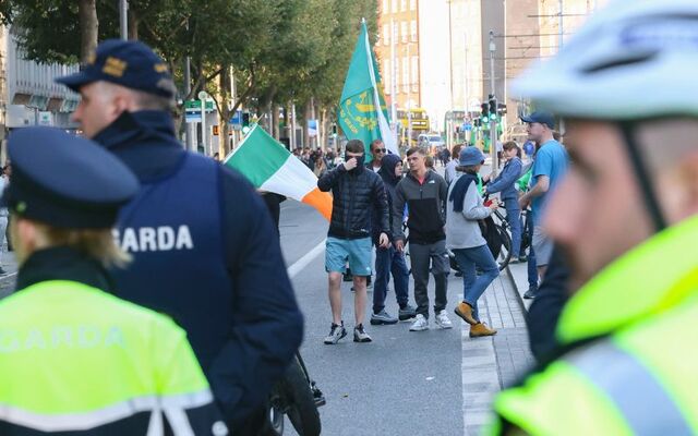September 19, 2024: Gardai and members of the Public Order Unit form a line to block protestors on Dublin\'s O\'Connell Street.