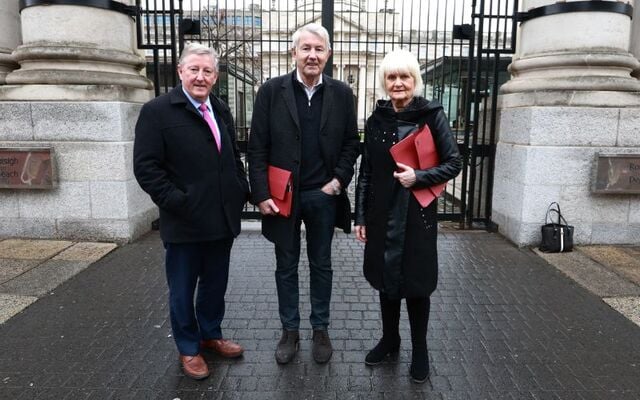 January 11, 2025: Michael Lowry TD arrives at Government Buildings with fellow Regional Independent TDs Marian Harkin and Sean Canney ahead of negotiations between Fianna Fáil, Fine Gael, and the Regional Independents to form the next government.