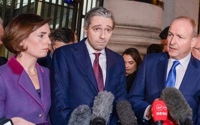 January 22, 2025: Hildegarde Naughton, Simon Harris, and Micheal Martin speaking to Meida after the first sitting of the new Dail Eireann was suspended.
