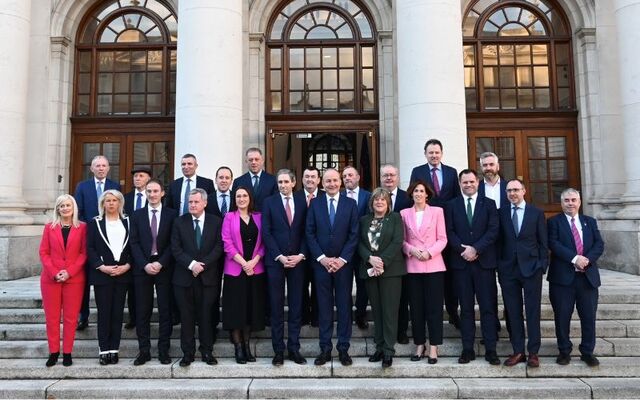 January 29, 2025: Taoiseach Micheal Martin and Tanaiste Simon Harris (front, center) lead new Junior Ministers to the Courtyard in Government Buildings.